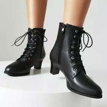 Модные женские ботильоны на шнуровке, черные, бежевые, короткие, женские, удобные, на низком каблуке, осенне-зимние, танцевальные туфли для вечеринок, большой размер 48 35 чёрный