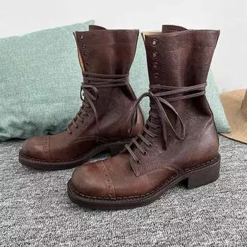 модные женские ботильоны на шнуровке для девушек в ковбойском стиле, мотоциклетные, новые, рок-панк, модные, на низком каблуке, дизайнерские, с круглым носком, кожаные ботинки 34 чёрный