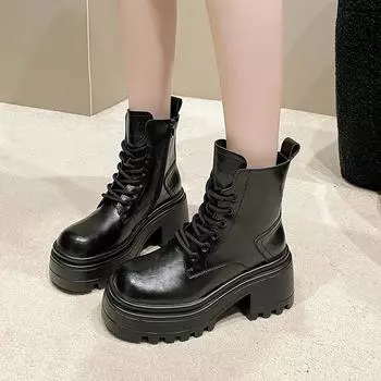 Модные женские ботильоны на шнуровке из кожи 2024 года, новые зимние ботинки высокого качества для женщин, нескользящие однотонные женские ботинки 35 чёрный