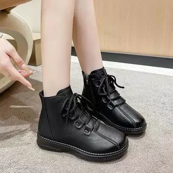 Модные женские ботильоны на шнуровке, износостойкие, 2024, новые осенне-зимние ботинки для женщин, нескользящие, для улицы, однотонные женские ботинки 35 чёрный