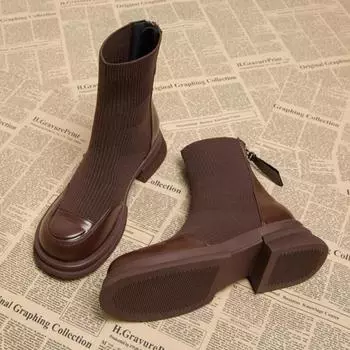 модные женские ботильоны на среднем каблуке, теплые вязаные туфли на платформе для снега, женская зимняя обувь 2025 года, модные офисные туфли Botas Mujer 35 чёрный
