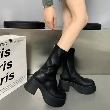 Модные женские ботильоны на толстой подошве, модные элегантные квадратные высокие каблуки, осенние женские современные короткие ботинки 35 чёрный