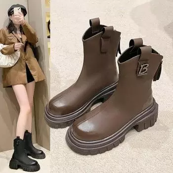 Модные женские ботильоны на толстой подошве, модные кожаные туфли на среднем каблуке для женщин 2024 года, популярные туфли на высоком каблуке, зимние дизайнерские туфли для ходьбы для женщин 35 хаки