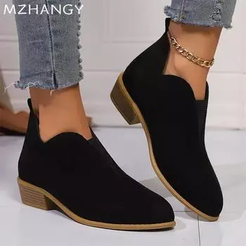 модные женские ботильоны на толстой подошве из замши, элегантные туфли на среднем каблуке, прогулочная обувь, зимние новые тенденции 2024 года, туфли-лодочки, платье, мода, повседневные туфли Zapatos Femme 36 чёрный