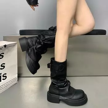 Модные женские ботильоны на толстой подошве, модная роскошь, зимняя новая обувь 2024 года, мотоциклетные ботинки на плоской подошве, дизайнерские удобные 35 чёрный