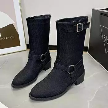 Модные женские ботильоны на толстом каблуке с пряжкой на ремне, осень-зима, мягкая подошва, дизайнерская женская обувь, модные джинсовые ботинки челси для женщин 35