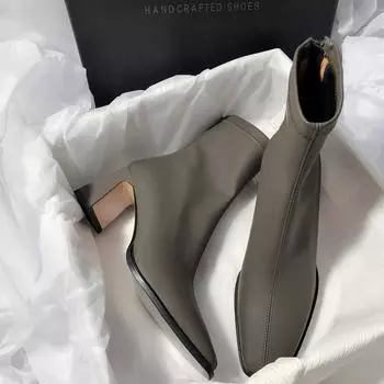 Модные женские ботильоны на толстом высоком каблуке, весенние сапоги с квадратным носком, из искусственной кожи, короткие, модные женские эластичные ботинки Mujer 2025 35 чёрный