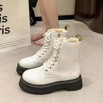 Модные женские ботильоны на высокой платформе и толстом каблуке 2024 года, короткие плюшевые туфли на толстом каблуке в стиле панк, женские кожаные туфли-лодочки 35 чёрный