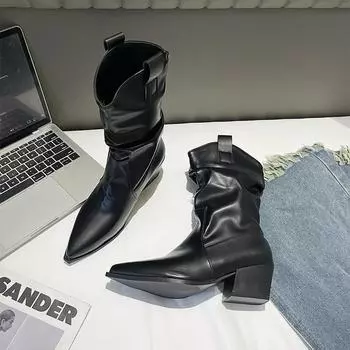 модные женские ботильоны на высоком каблуке туфли с острым носком женские челси зима плюш снег 2024 трендовые туфли средней длины голени готические туфли сексуальные Botas Mujer 35 чёрный