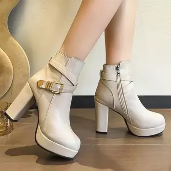Модные женские ботильоны на высоком каблуке с боковой молнией, осенне-зимние женские ботинки на платформе, модные туфли большого размера, черные, бежевые, с пряжкой, короткие ботинки 36 бежевый