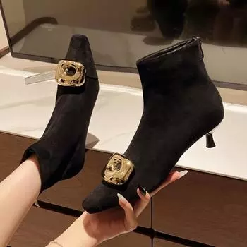 Модные женские ботильоны на высоком каблуке, роскошные замшевые туфли с острым носком, зимняя тенденция 2024 года, элегантные офисные туфли, сексуальные туфли-лодочки Botas Mujer 35 чёрный