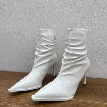 модные женские ботильоны на высоком каблуке, сексуальные кожаные туфли с острым носком, женская обувь 2024 года, дизайнерские зимние сапоги, туфли-лодочки, готические зимние Mujer Zapatos 35 бежевый