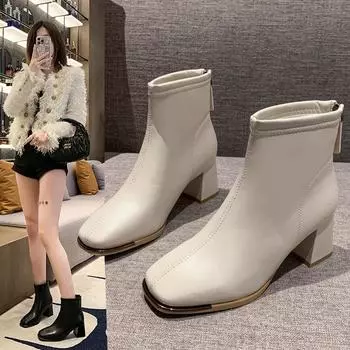 Модные женские ботильоны на высоком каблуке, модные осенние женские туфли с квадратным носком 2024 года, новые женские тонкие ботинки 35 бежевый