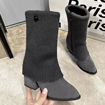 Модные женские ботильоны на высоком каблуке, замшевые туфли с острым носком, зима 2025 года, новые вязаные теплые туфли «Челси» в стиле кэжуал, массивные ботинки Mujer 35 чёрный