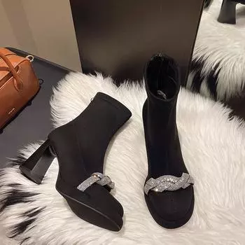 модные женские ботильоны на высоком каблуке с кристаллами, массивная обувь 2025 года, дизайнерская новая элегантная повседневная обувь класса люкс, трендовая обувь для активного отдыха Botas Mujer 35 чёрный