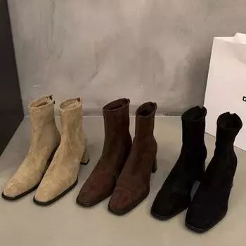 Модные женские ботильоны на высоком каблуке, замшевые туфли с квадратным носком, зимние дизайнерские ботинки челси 2024 года, модные готические гладиаторские ботинки-ботинки для женщин 38 абрикосовый