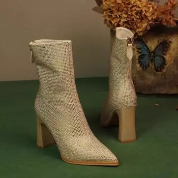 модные женские ботильоны на высоком каблуке с кристаллами, роскошные туфли с острым носком, новинка зимы, элегантные туфли для вечеринок, модные туфли Chelsea Botas Mujer 34 бежевый