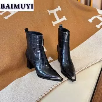 Модные женские ботильоны на высоком каблуке с острым носком, кожаные ботинки, зима 2025, новые ботинки «Челси», сексуальные готические туфли-лодочки Botas Mujer 34 чёрный