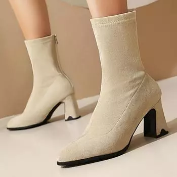 Модные женские ботильоны-носки из флока, новинка 2024 года, зимние черные, бежевые, зеленые, короткие ботинки, на высоком каблуке, на молнии, для вечеринок, танцевальная обувь, большой размер 48 34 абрикосовый