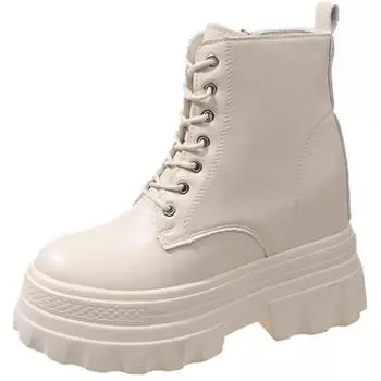 Модные женские ботильоны, новые зимние мотоциклетные ботинки 2024 года, танкетка 11 см, высокие кожаные туфли на платформе, женские осенние ботинки на толстой подошве 34 бежевый