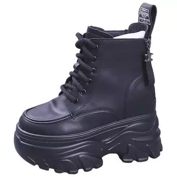 Модные женские ботильоны, новые зимние мотоциклетные ботинки, танкетка 12 см, высокие кожаные туфли на платформе, женские осенние ботинки на толстой подошве 34 белый