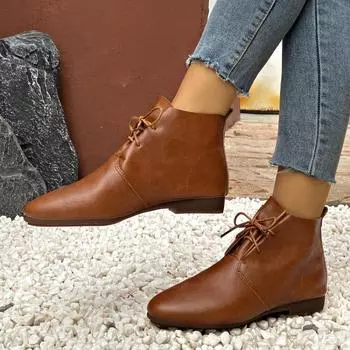 модные женские ботильоны однотонные осенние модные ботинки с заостренным носком на плоской подошве женские повседневные туфли в стиле ретро 35 коричневый