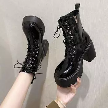 Модные женские ботильоны осень-зима, водонепроницаемые, на платформе, со шнуровкой, на толстом каблуке, короткие, модные, на высоком каблуке 9 см, кожаные ботинки для женщин 35 бежевый