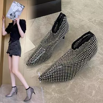 Модные женские ботильоны, осенняя обувь, ботильоны, сексуальные, на высоком каблуке, для стриптиза, сексуальные, модные, на тонком каблуке, с острым носком, роскошные, блестящие, клубные, короткие 35 чёрный