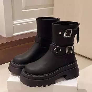Модные женские ботильоны, осенняя рабочая мода, элегантный панк-стиль 2024, новые черные роскошные кожаные короткие ботинки на низком каблуке с круглым носком на платформе 35 чёрный