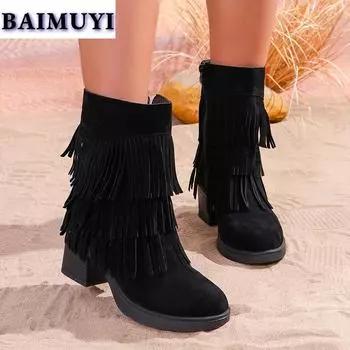 модные женские ботильоны с бахромой на высоком каблуке на молнии 2025 года, дизайнерские массивные вечерние ботинки челси, зимние новые туфли-лодочки Mujer Botas 35 чёрный