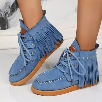 Модные женские ботильоны с кисточками и плоским каблуком, винтажные ковбойские сапоги со шнуровкой и заклепками, женские нескользящие короткие ботильоны для женщин 36 чёрный
