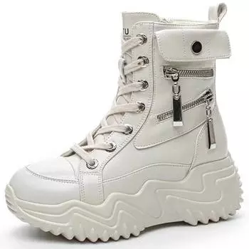 Модные женские ботильоны с круглым носком на платформе из искусственной кожи со шнуровкой, заклепками и скрытым высоким каблуком в стиле панк-байкерская обувь, новинка 2024 г. 35 бежевый