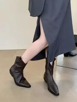 Модные женские ботильоны с круглым носком Chelsea Botas Flat Mid Heelsea Botas, черные, коричневые туфли 2024 года, новые поступления, зимние ботинки для вечеринок, женские 39 5.5 чёрный