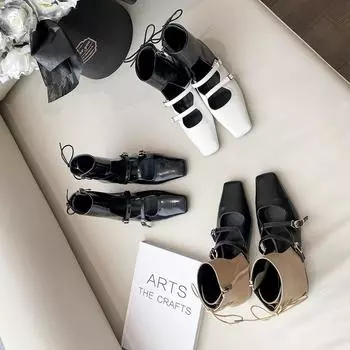 Модные женские ботильоны с квадратным носком, полые, сексуальные, с плоским каблуком, с ремешком сзади, с бантом, пряжкой на ремне, черного, хаки, белого, смешанного цвета, модельные туфли 5.5 чёрный