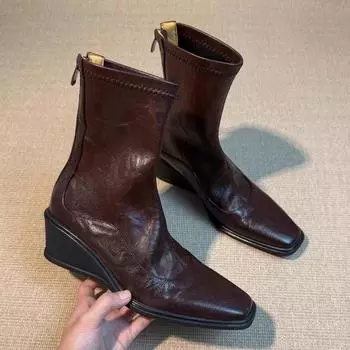 Модные женские ботильоны с квадратным носком, кожаные туфли на танкетке, модные туфли на среднем каблуке, челси, зима 2025, трендовая готическая офисная обувь, ретро-ботинки Mujer 35 коричневый