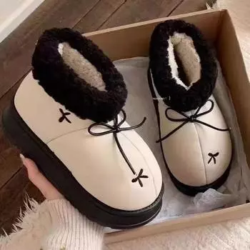 Модные женские ботильоны с мехом на платформе с бантом, короткие плюшевые теплые туфли на плоской подошве, зима 2025 года, новые кроссовки, нескользящие зимние ботинки Mujer 35 бежевый
