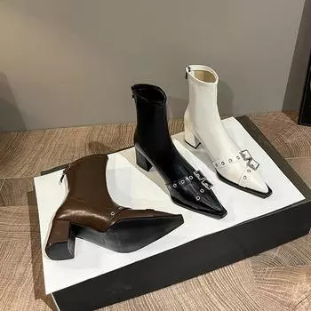 Модные женские ботильоны с острым носком, осень и зима, новые туфли на высоком каблуке с пряжкой на ремне и молнией сзади, узкие ботинки на толстом каблуке 34 бежевый