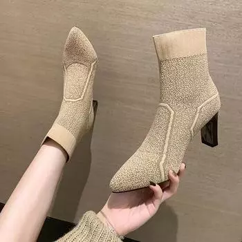 Модные женские ботильоны с острым носком, простые шерстяные, на среднем каблуке, вязаные эластичные носки, зимние теплые повседневные модные короткие ботинки 2024 года 35 чёрный