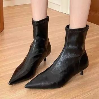 Модные женские ботильоны с острым носком, брендовые кожаные офисные туфли на среднем каблуке, зима 2025 года, трендовые сексуальные туфли-лодочки для вечеринок, туфли-лодочки Chelsea Botas Mujer 34 бежевый