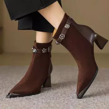 Модные женские ботильоны с острым носком на высоком каблуке, фирменные замшевые туфли на толстой подошве, элегантные офисные туфли для женщин, зима 2025 года, трендовые ретро-ботинки Mujer 34 чёрный