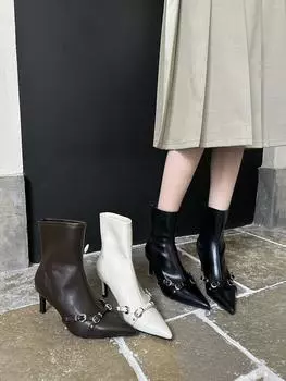 Модные женские ботильоны с острым носком, черные, коричневые, белые, на тонком каблуке, с заклепками, модные короткие женские сапоги, размер 35-39 225 чёрный
