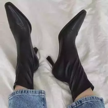 модные женские ботильоны с острым носком, сексуальные туфли на высоком каблуке, дизайнерские кожаные туфли, элегантные офисные туфли для женщин 2025 года, трендовые зимние ботинки Mujer 35 чёрный