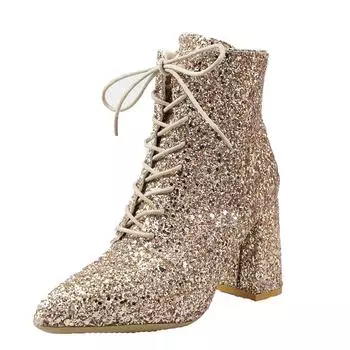 Модные женские ботильоны с пайетками, модные женские ботинки на квадратном каблуке с острым носком, женские ботильоны на молнии для сцены 2024 года 35 золотой