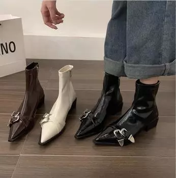 Модные женские ботильоны с пряжкой на ремне, с острым носком, модные короткие ботильоны на толстом каблуке, осенне-зимняя женская обувь 35 бежевый