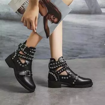 Модные женские ботильоны с заклепками и Т-образным ремешком в стиле панк-готика, женские туфли на толстом каблуке с пряжкой и ремешком, вечерние туфли для вечеринок 35 чёрный