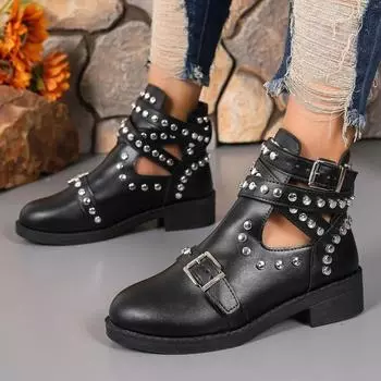 Модные женские ботильоны с заклепками T-Band Punk Gothic Shoes Металлическая пряжка Женские туфли на толстом каблуке Женские вечерние туфли 35 чёрный