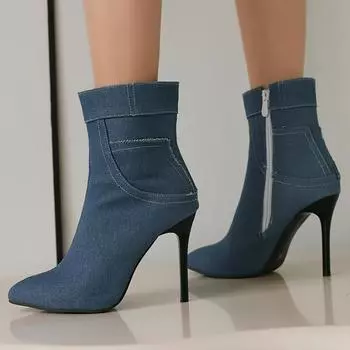 Модные женские ботильоны, сексуальные, с острым носком, черные, синие, короткие, на высоком каблуке, на молнии, танцевальная обувь для вечеринок, большой размер 45, новинка 2024 года, осень 34 бежевый