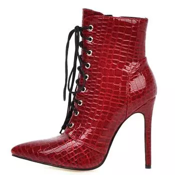 Модные женские ботильоны со змеиной кожей, модные женские короткие сапоги с острым носком и высоким каблуком, сексуальные кружевные красные и белые туфли для вечеринок, большой размер 48 34 чёрный