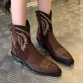 Модные женские ботильоны в стиле вестерн, модные удобные туфли с острым носком, горячая распродажа осени 2024 года, новые кожаные туфли на среднем каблуке, классические туфли-лодочки Femme Botas 35 коричневый