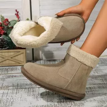 Модные женские ботинки 2024 года, новые женские туфли с боковой молнией на распродаже, зимние круглые носки, плюшевые флиса для тепла, короткие зимние ботинки на плоской подошве 35 чёрный